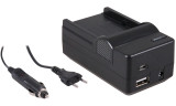 4-in-1 acculader voor Sony NP-F550 / NP-F570 / NP-F750 / NP-F960 / NP-F970 - laden via stopcontact, auto, USB en Powerbank
